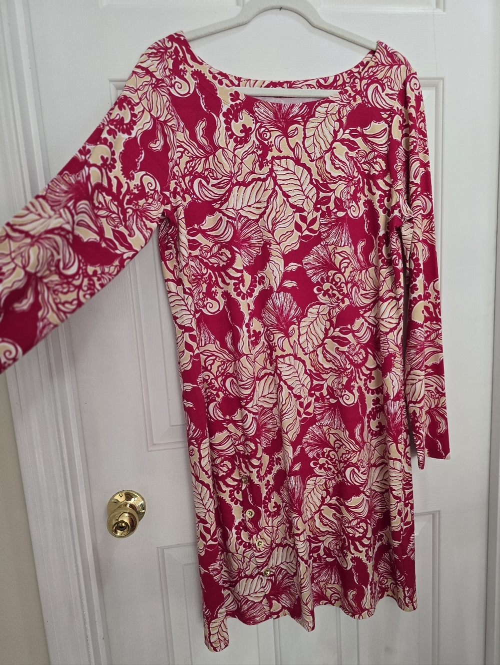 Lily Pulitzer Pink Floral Print Long Sleeve Dress w/ Gold Button Side Slit NWOT